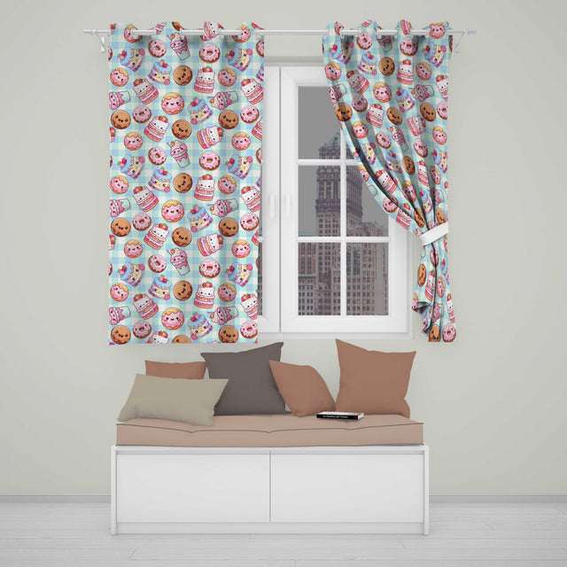 Kawaii Donut Cake Cupcake Sweet Treat Seamless Pattern Blue Gingham  Readymade Eyelet Ring Top Thermal 100% Blackout Curtains