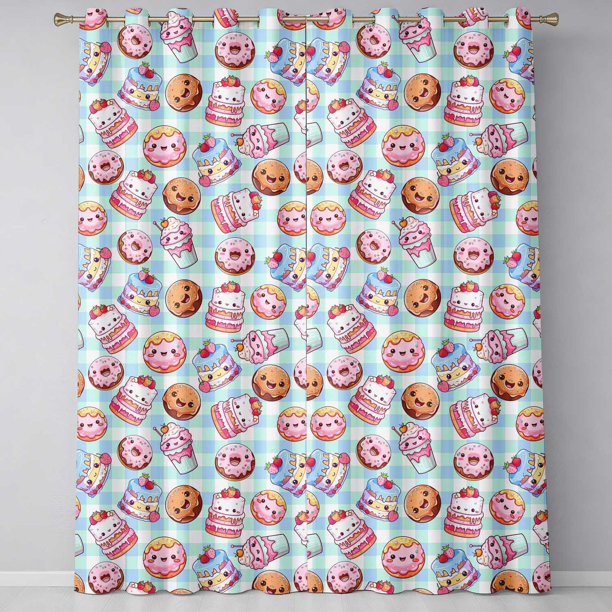 Kawaii Donut Cake Cupcake Sweet Treat Seamless Pattern Blue Gingham  Readymade Eyelet Ring Top Thermal 100% Blackout Curtains