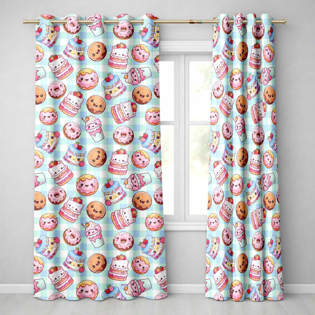 Kawaii Donut Cake Cupcake Sweet Treat Seamless Pattern Blue Gingham  Readymade Eyelet Ring Top Thermal 100% Blackout Curtains