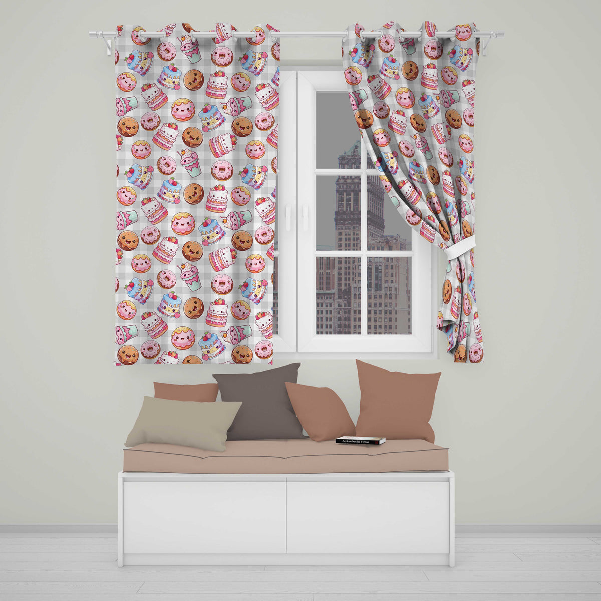Kawaii Donut Cake Cupcake Sweet Treat Seamless Pattern Beige Gingham  Readymade Eyelet Ring Top Thermal 100% Blackout Curtains