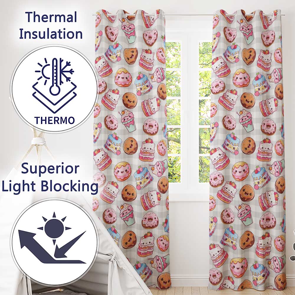 Kawaii Donut Cake Cupcake Sweet Treat Seamless Pattern Beige Gingham  Readymade Eyelet Ring Top Thermal 100% Blackout Curtains