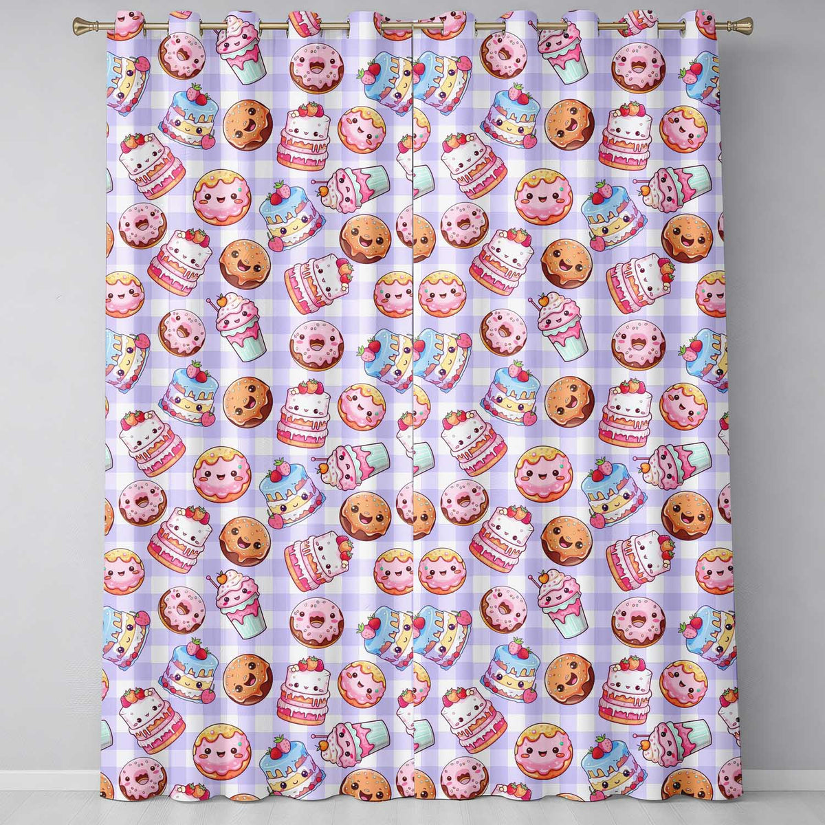 Kawaii Donut Cake Cupcake Sweet Dessert Seamless Pattern Purple Gingham  Readymade Eyelet Ring Top Thermal 100% Blackout Curtains