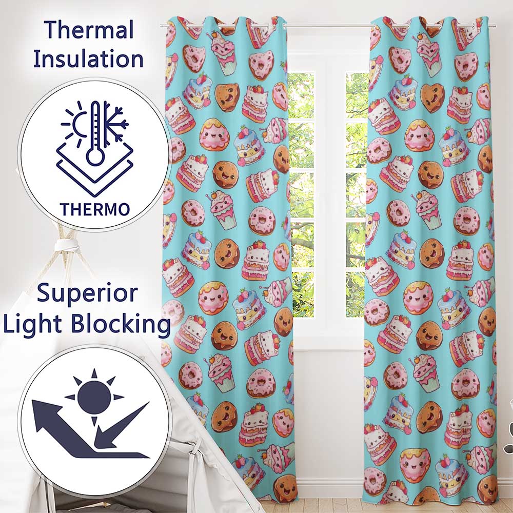 Cute Kawaii Donut Cake Cupcake Sweet Dessert Seamless Pattern Blue Background  Readymade Eyelet Ring Top Thermal 100% Blackout Curtains