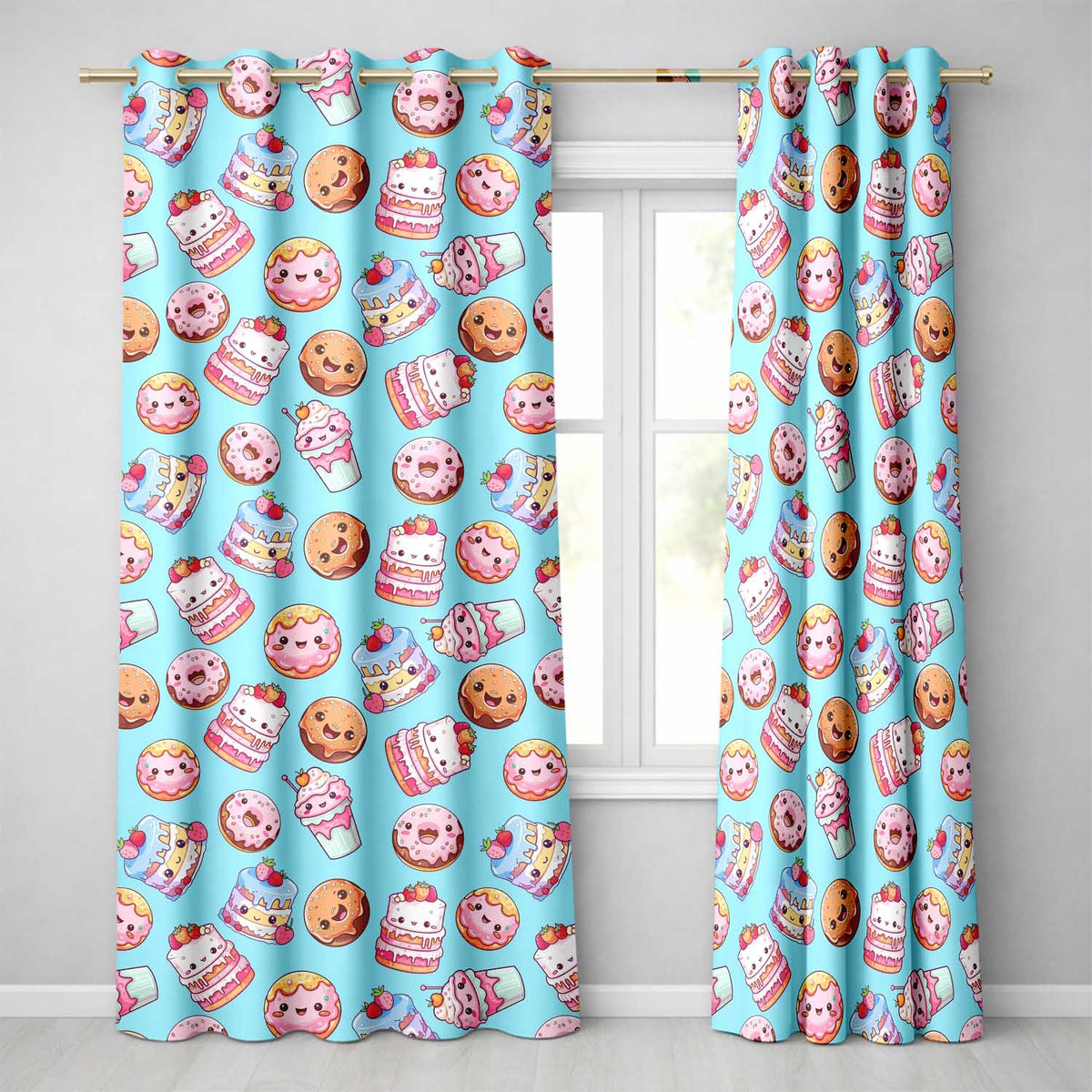 Cute Kawaii Donut Cake Cupcake Sweet Dessert Seamless Pattern Blue Background  Readymade Eyelet Ring Top Thermal 100% Blackout Curtains