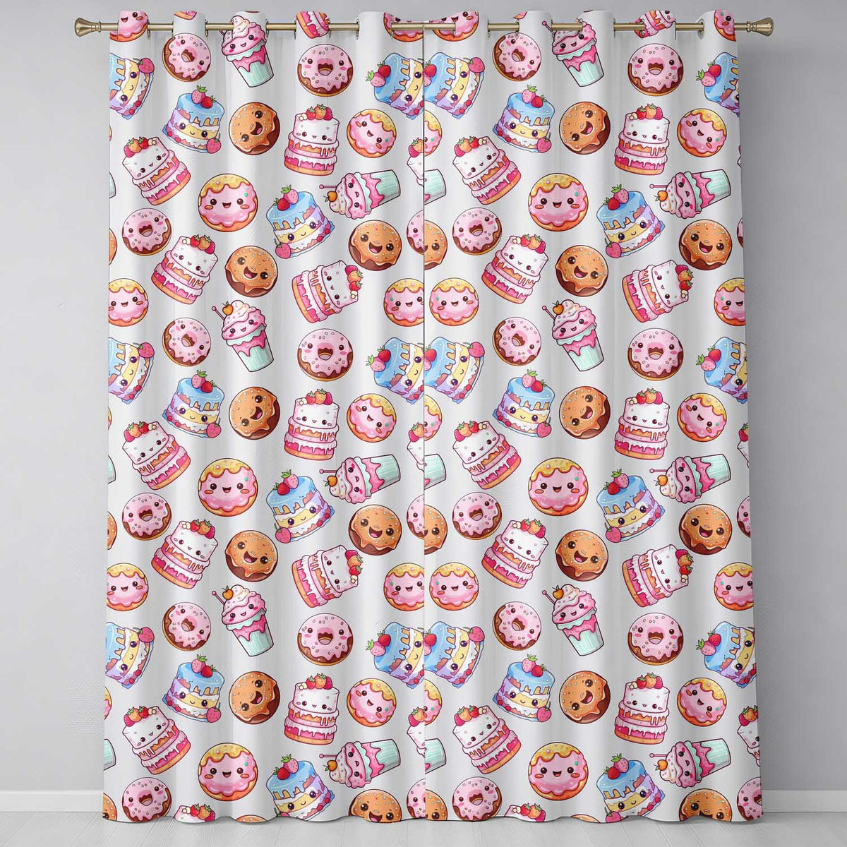 Cute Kawaii Donut Cake Cupcake Sweet Dessert Seamless Pattern Beige Background  Readymade Eyelet Ring Top Thermal 100% Blackout Curtains
