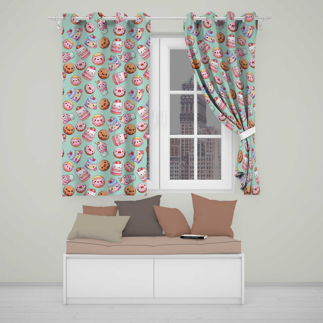 Cute Kawaii Donut Cake Cupcake Sweet Dessert Seamless Pattern Teal Background  Readymade Eyelet Ring Top Thermal 100% Blackout Curtains