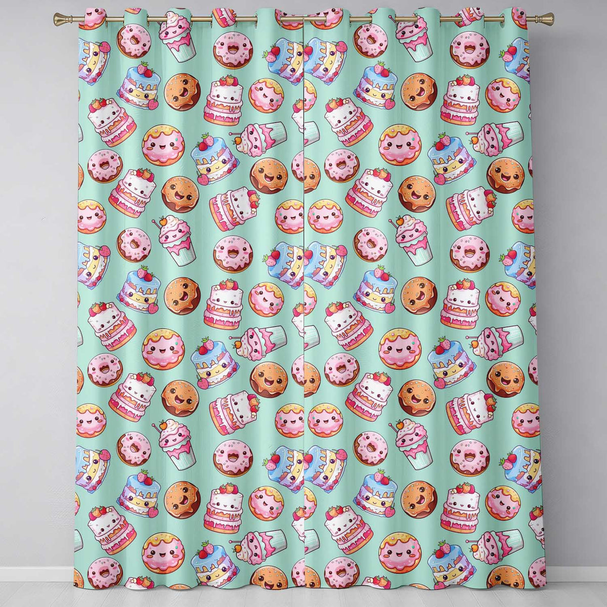 Cute Kawaii Donut Cake Cupcake Sweet Dessert Seamless Pattern Teal Background  Readymade Eyelet Ring Top Thermal 100% Blackout Curtains