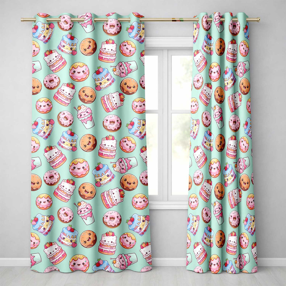 Cute Kawaii Donut Cake Cupcake Sweet Dessert Seamless Pattern Teal Background  Readymade Eyelet Ring Top Thermal 100% Blackout Curtains