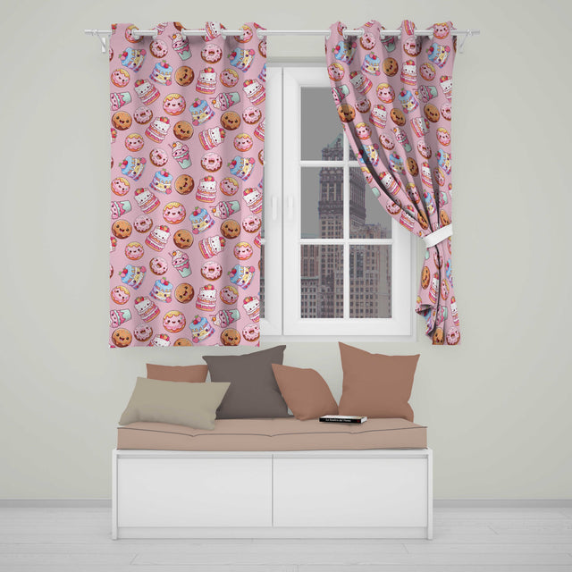 Kawaii Donut Cake Cupcake Sweet Dessert Seamless Pattern Warm Pink  Readymade Eyelet Ring Top Thermal 100% Blackout Curtains