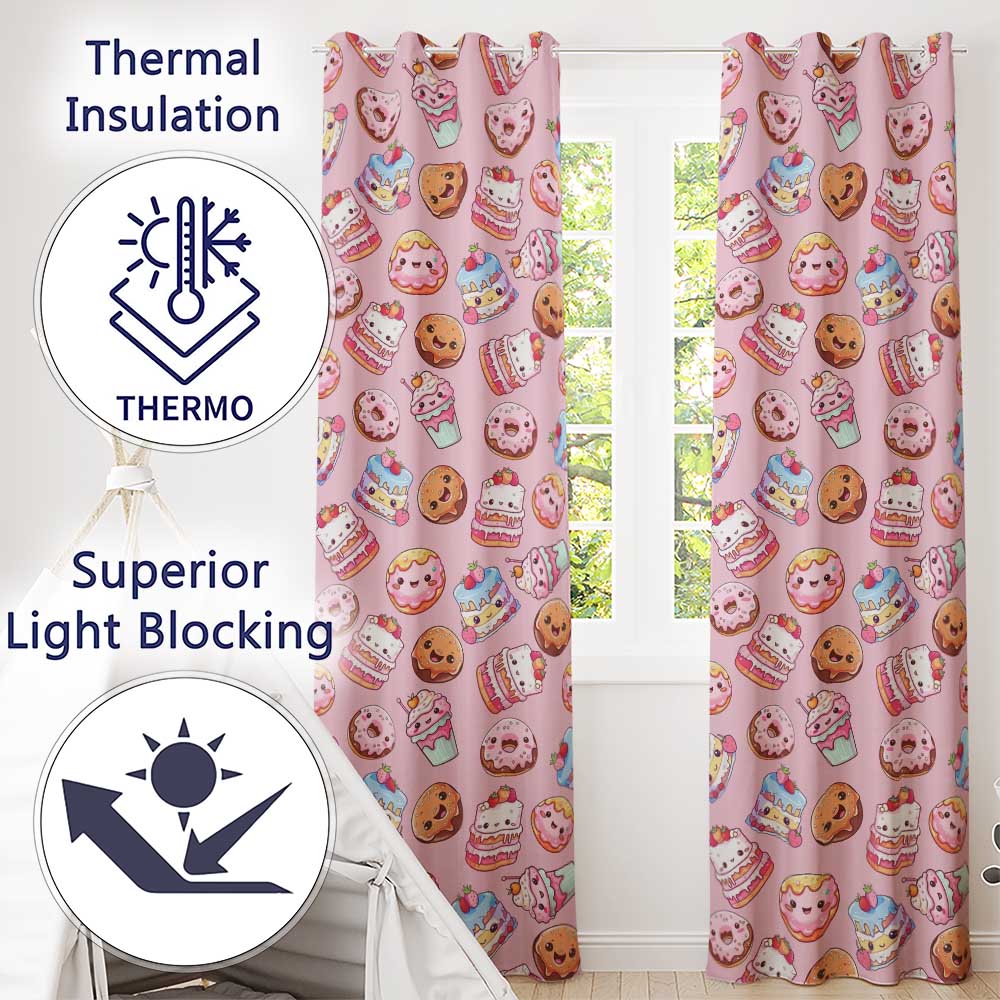 Kawaii Donut Cake Cupcake Sweet Dessert Seamless Pattern Warm Pink  Readymade Eyelet Ring Top Thermal 100% Blackout Curtains