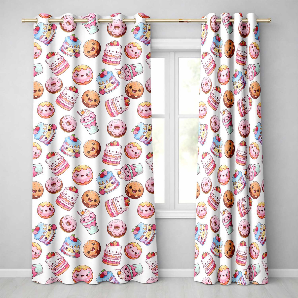Kawaii Donut Cake Cupcake Sweet Dessert Seamless Pattern Light Grey  Readymade Eyelet Ring Top Thermal 100% Blackout Curtains