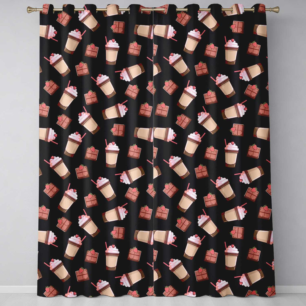 Cute Chocolate Strawberry Milkshake Seamless Pattern Cute Drinks Readymade Eyelet Ring Top Thermal 100% Blackout Curtains