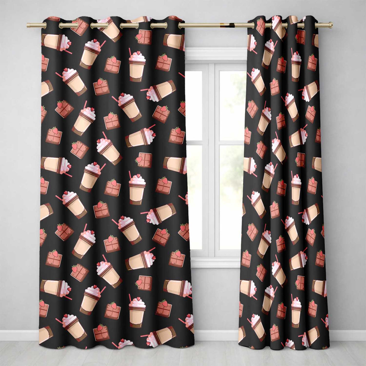 Cute Chocolate Strawberry Milkshake Seamless Pattern Cute Drinks Readymade Eyelet Ring Top Thermal 100% Blackout Curtains