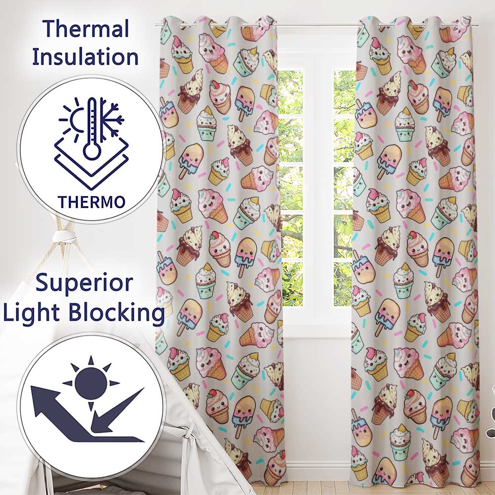 Kawaii Ice Cream Cone Popsicle Sweet Dessert Seamless Pattern Cream  Readymade Eyelet Ring Top Thermal 100% Blackout Curtains