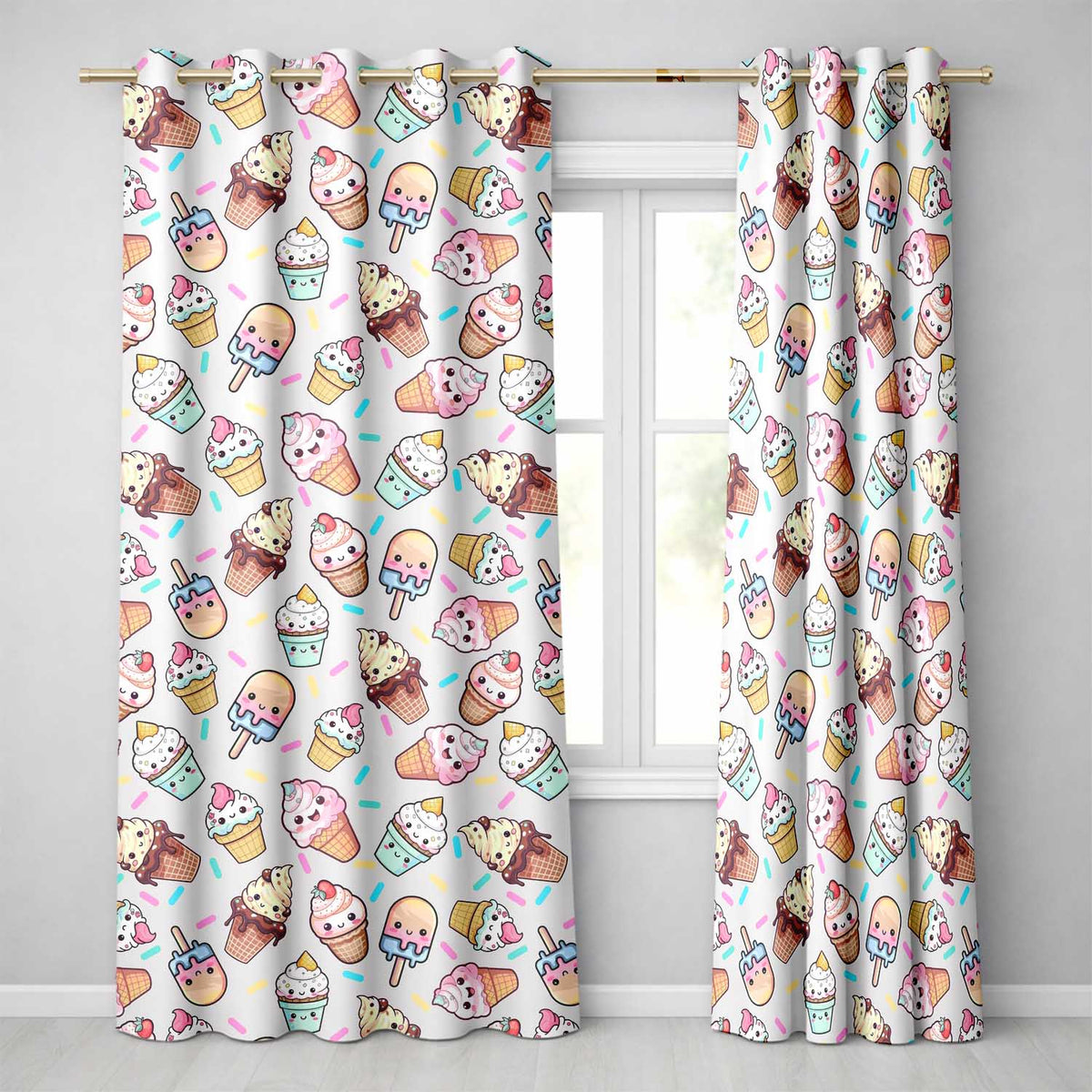 Kawaii Ice Cream Cone Popsicle Sweet Dessert Seamless Pattern Cream  Readymade Eyelet Ring Top Thermal 100% Blackout Curtains