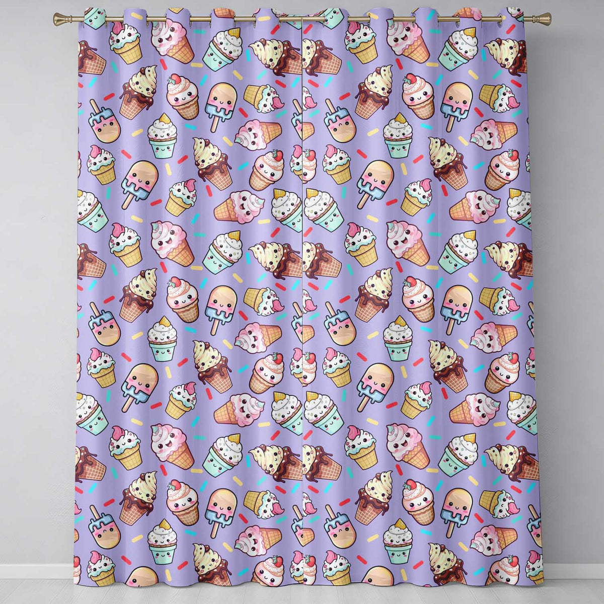 Kawaii Ice Cream Cone Popsicle Sweet Dessert Seamless Pattern Purple  Readymade Eyelet Ring Top Thermal 100% Blackout Curtains