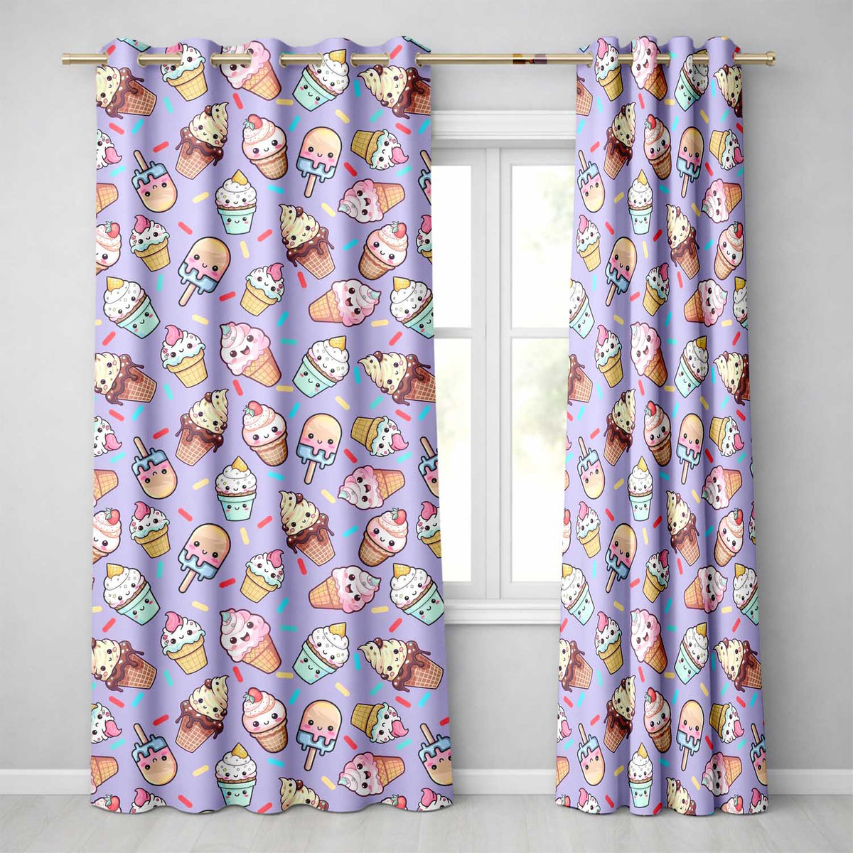 Kawaii Ice Cream Cone Popsicle Sweet Dessert Seamless Pattern Purple  Readymade Eyelet Ring Top Thermal 100% Blackout Curtains