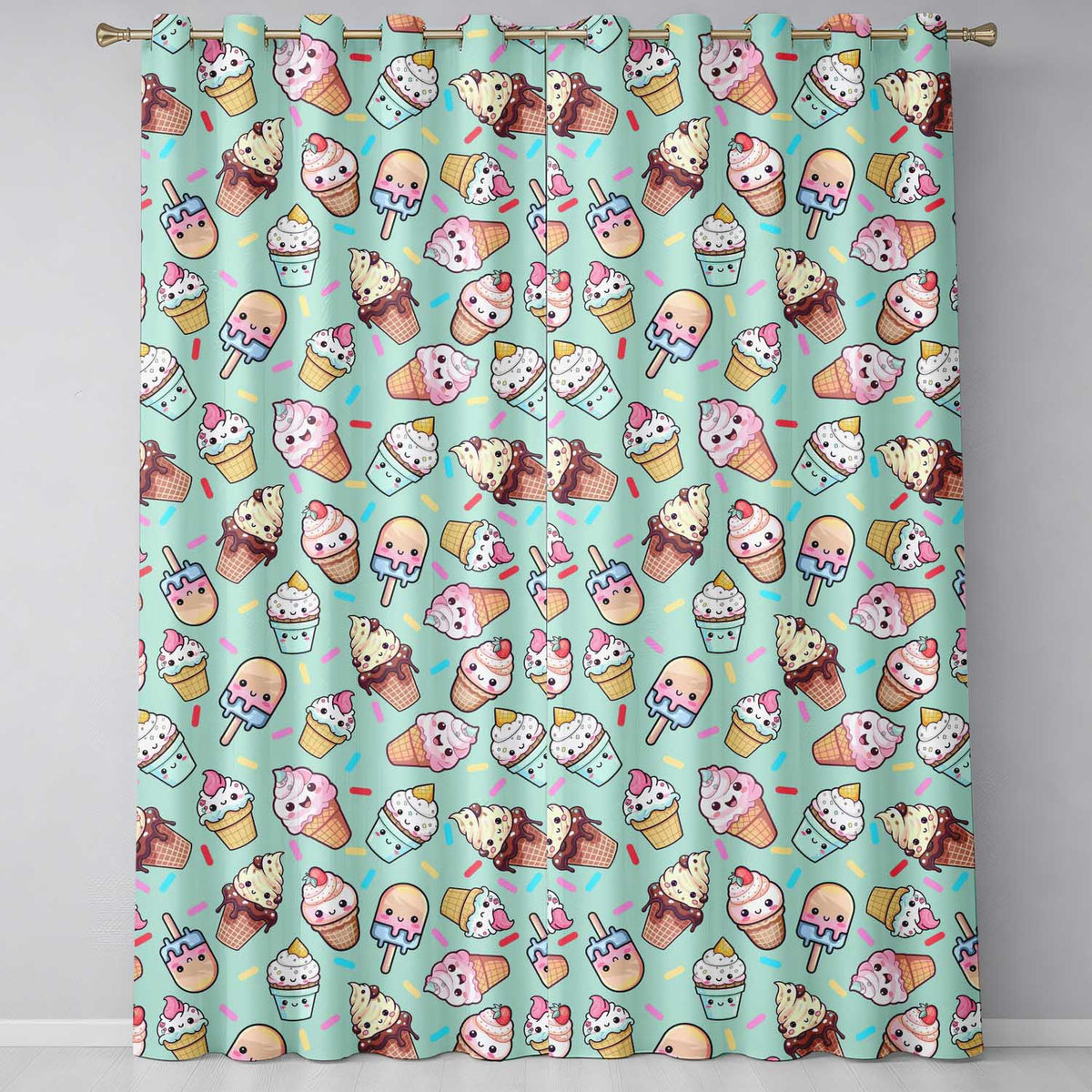 Kawaii Ice Cream Cone Popsicle Sweet Dessert Seamless Pattern Mint Green  Readymade Eyelet Ring Top Thermal 100% Blackout Curtains