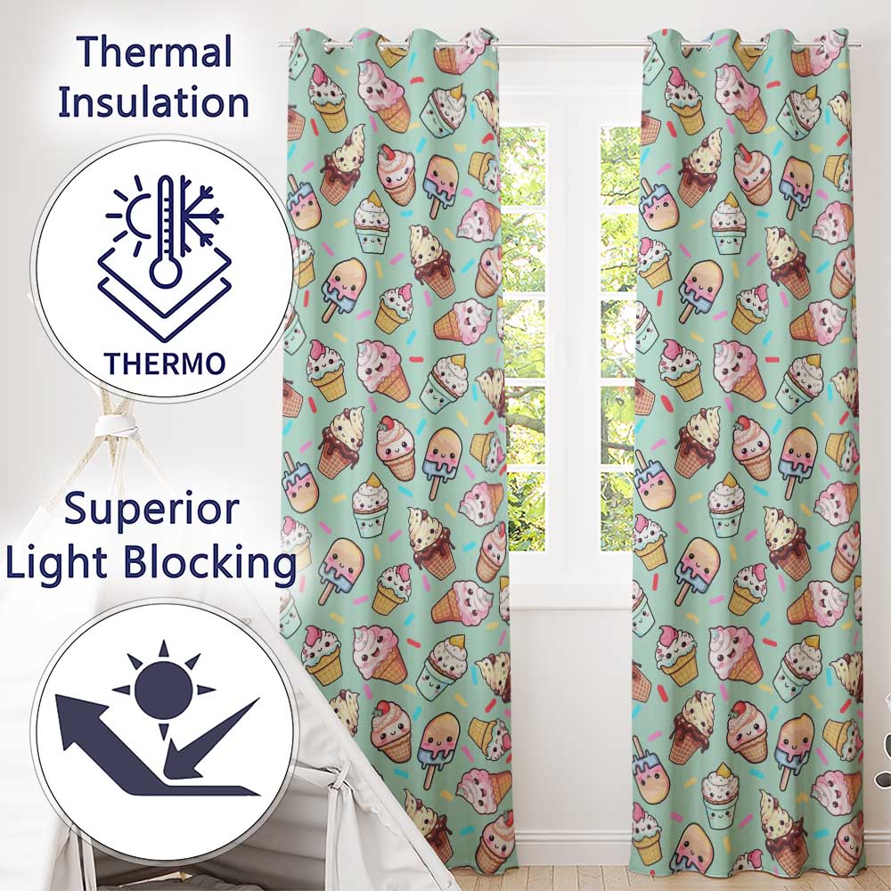 Kawaii Ice Cream Cone Popsicle Sweet Dessert Seamless Pattern Mint Green  Readymade Eyelet Ring Top Thermal 100% Blackout Curtains