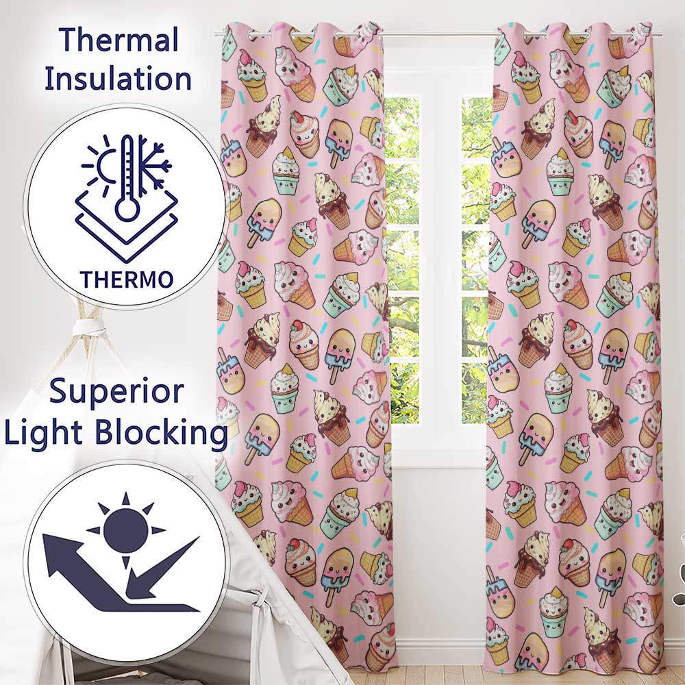 Kawaii Ice Cream Cone Popsicle Sweet Dessert Seamless Pattern Soft Pink  Readymade Eyelet Ring Top Thermal 100% Blackout Curtains