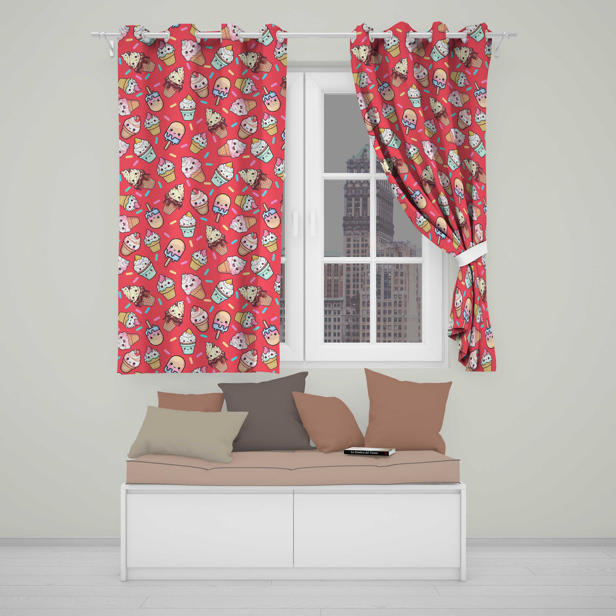 Kawaii Ice Cream Cone Popsicle Sweet Dessert Seamless Pattern Coral Red  Readymade Eyelet Ring Top Thermal 100% Blackout Curtains