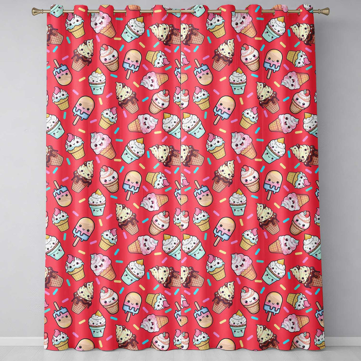 Kawaii Ice Cream Cone Popsicle Sweet Dessert Seamless Pattern Coral Red  Readymade Eyelet Ring Top Thermal 100% Blackout Curtains