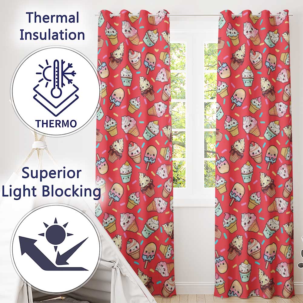 Kawaii Ice Cream Cone Popsicle Sweet Dessert Seamless Pattern Coral Red  Readymade Eyelet Ring Top Thermal 100% Blackout Curtains