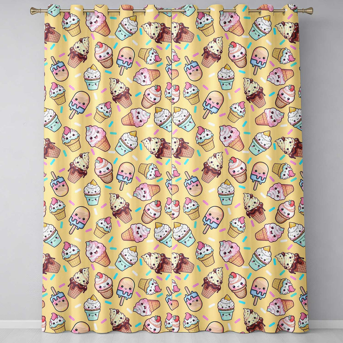Kawaii Ice Cream Cone Popsicle Sweet Dessert Seamless Pattern Yellow  Readymade Eyelet Ring Top Thermal 100% Blackout Curtains
