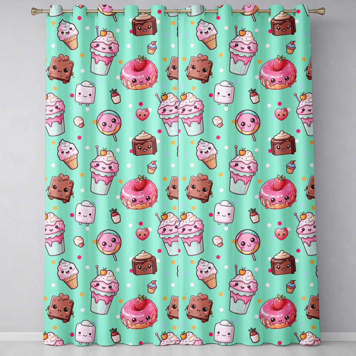 Dessert Cake Cupcake Donut Candy Sweet Treat Seamless Pattern Mint Green Background Readymade Eyelet Ring Top Thermal 100% Blackout Curtains