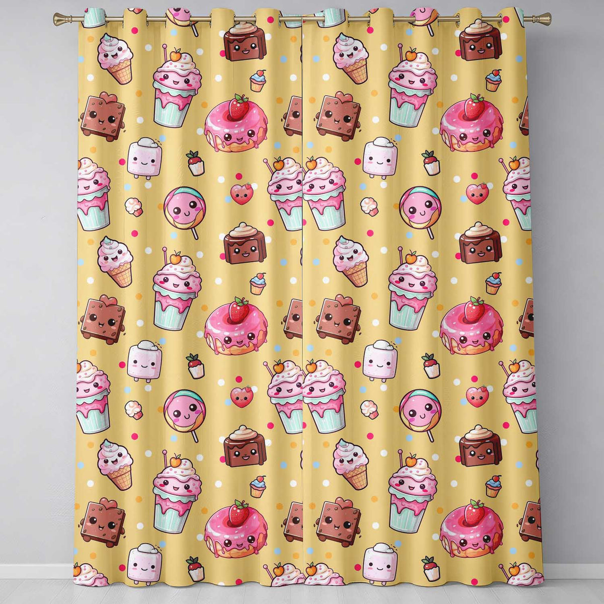 Dessert Cake Cupcake Donut Candy Sweet Treat Seamless Pattern Yellow Background Readymade Eyelet Ring Top Thermal 100% Blackout Curtains