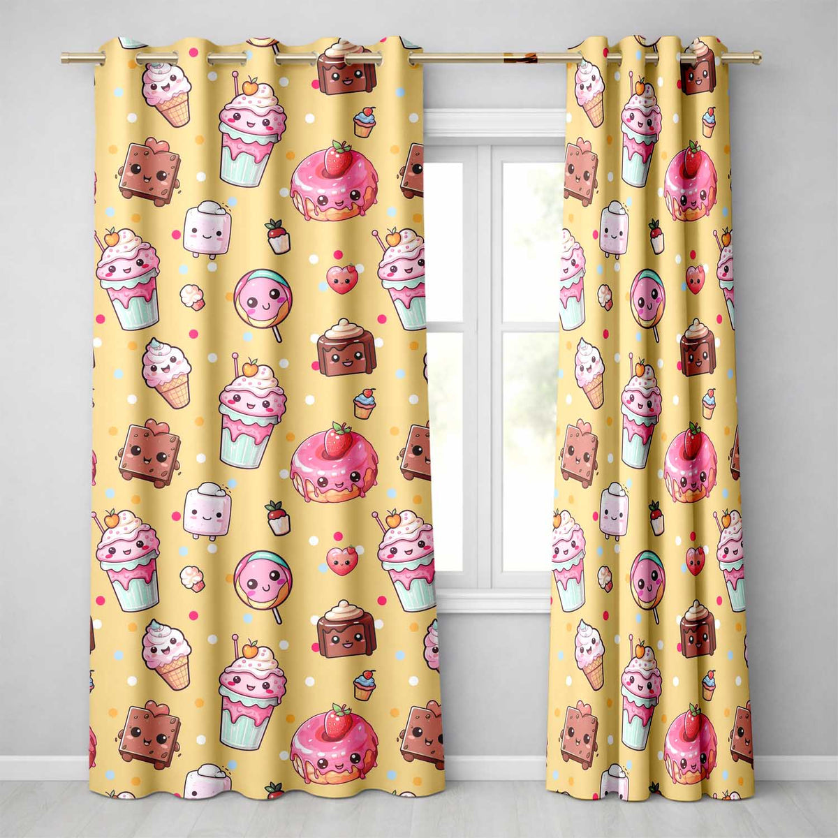 Dessert Cake Cupcake Donut Candy Sweet Treat Seamless Pattern Yellow Background Readymade Eyelet Ring Top Thermal 100% Blackout Curtains