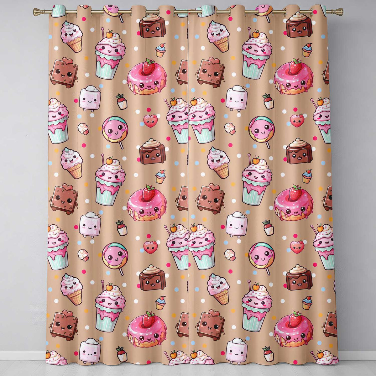 Dessert Cake Cupcake Donut Candy Sweet Treat Seamless Pattern Peach Background Readymade Eyelet Ring Top Thermal 100% Blackout Curtains