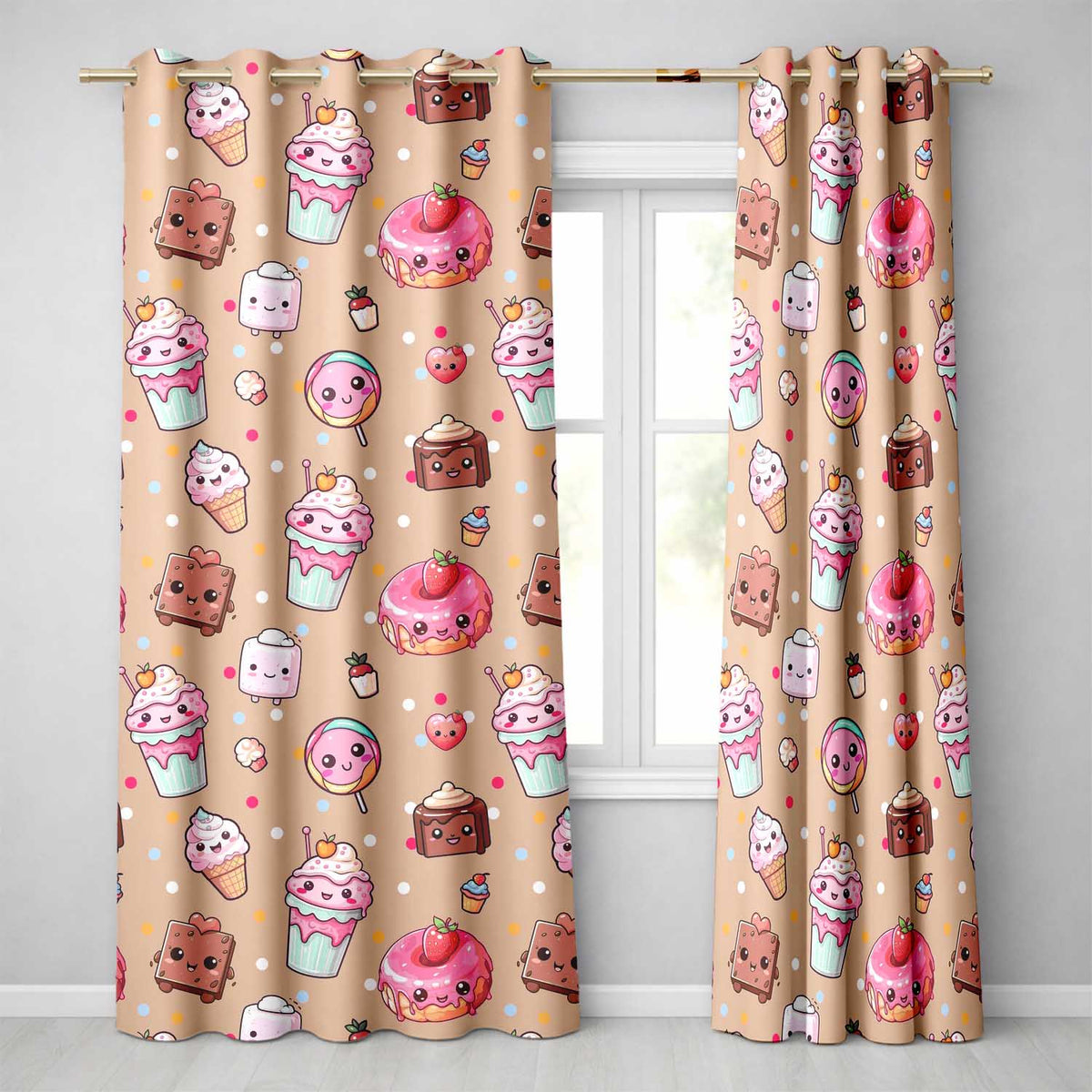 Dessert Cake Cupcake Donut Candy Sweet Treat Seamless Pattern Peach Background Readymade Eyelet Ring Top Thermal 100% Blackout Curtains