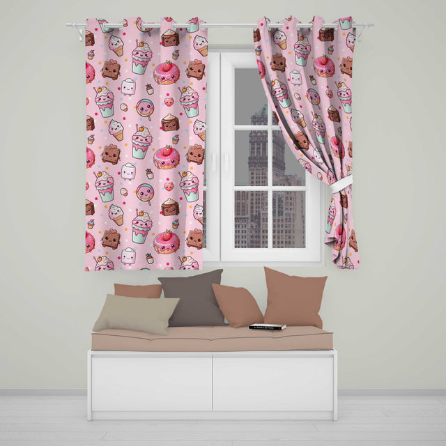 Dessert Cake Cupcake Donut Candy Sweet Treat Seamless Pattern Soft Pink Background Readymade Eyelet Ring Top Thermal 100% Blackout Curtains
