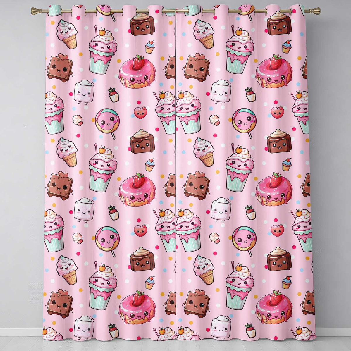 Dessert Cake Cupcake Donut Candy Sweet Treat Seamless Pattern Soft Pink Background Readymade Eyelet Ring Top Thermal 100% Blackout Curtains