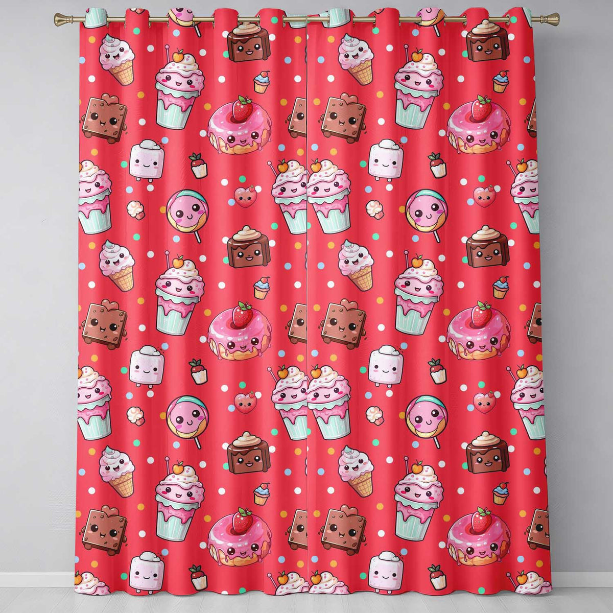 Dessert Cake Cupcake Donut Candy Sweet Treat Seamless Pattern Red Background Readymade Eyelet Ring Top Thermal 100% Blackout Curtains
