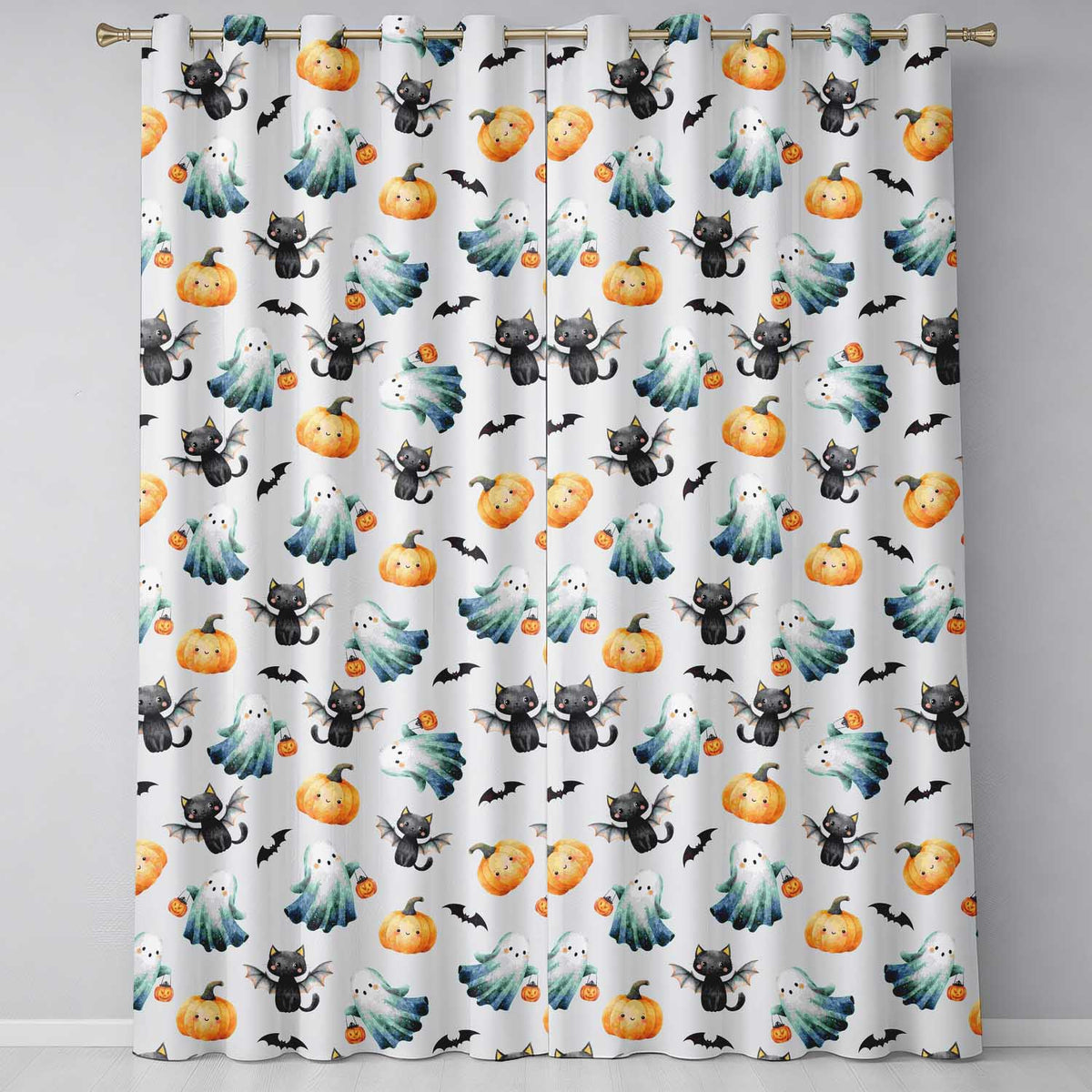 Cute Halloween Ghost Pumpkin Bat Cat Seamless Pattern Light Grey Background  Readymade Eyelet Ring Top Thermal 100% Blackout Curtains