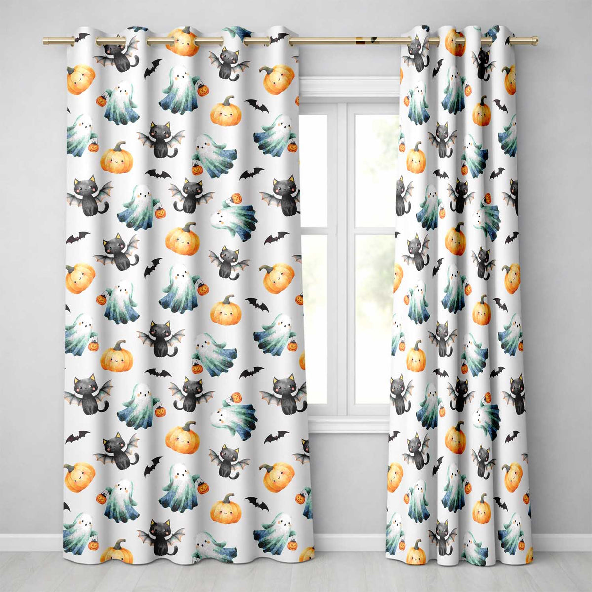 Cute Halloween Ghost Pumpkin Bat Cat Seamless Pattern Light Grey Background  Readymade Eyelet Ring Top Thermal 100% Blackout Curtains