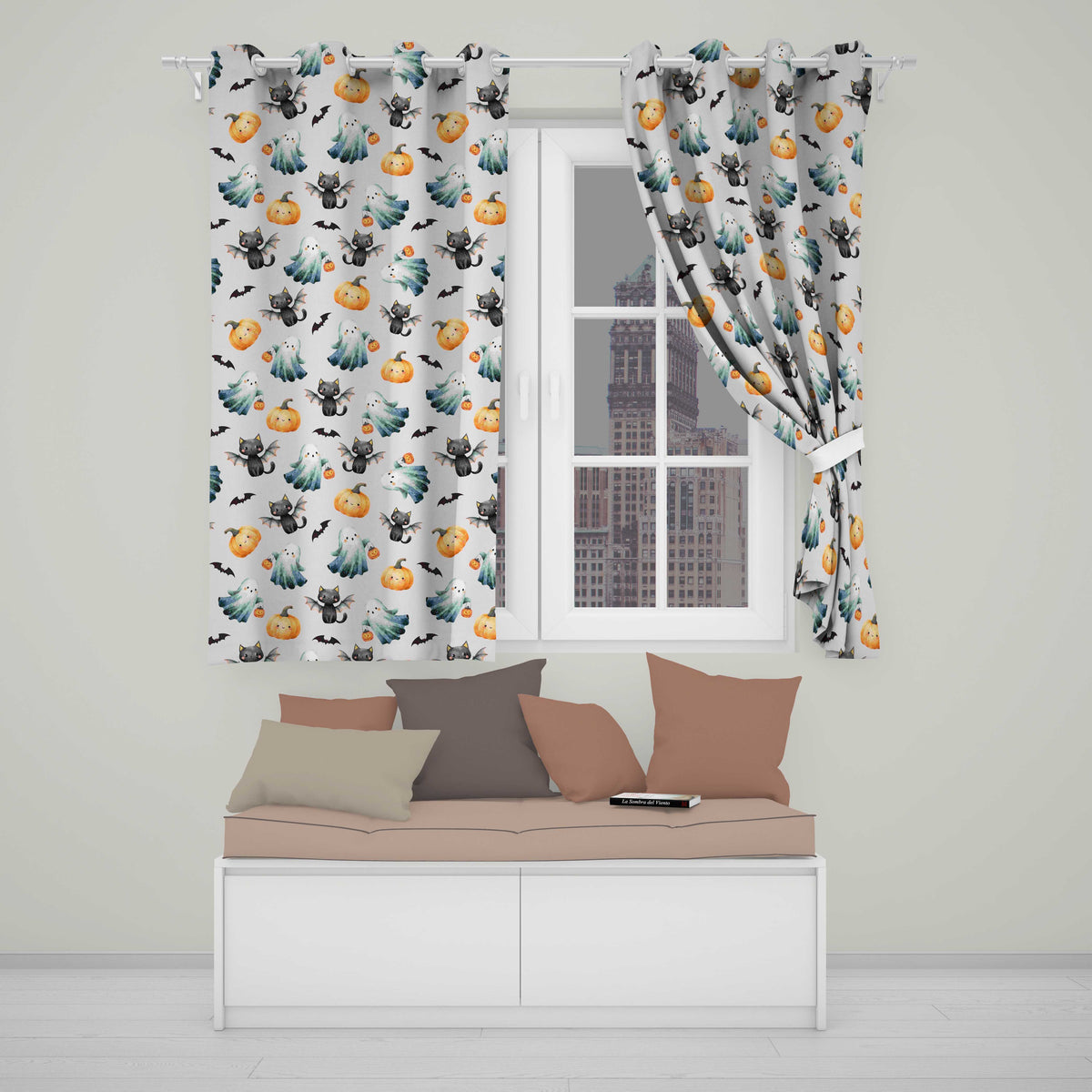 Cute Halloween Ghost Pumpkin Bat Cat Seamless Pattern Beige Background  Readymade Eyelet Ring Top Thermal 100% Blackout Curtains