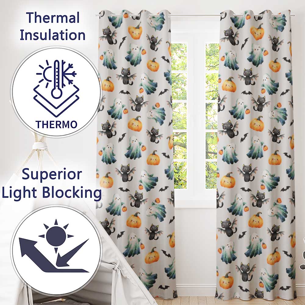 Cute Halloween Ghost Pumpkin Bat Cat Seamless Pattern Beige Background  Readymade Eyelet Ring Top Thermal 100% Blackout Curtains