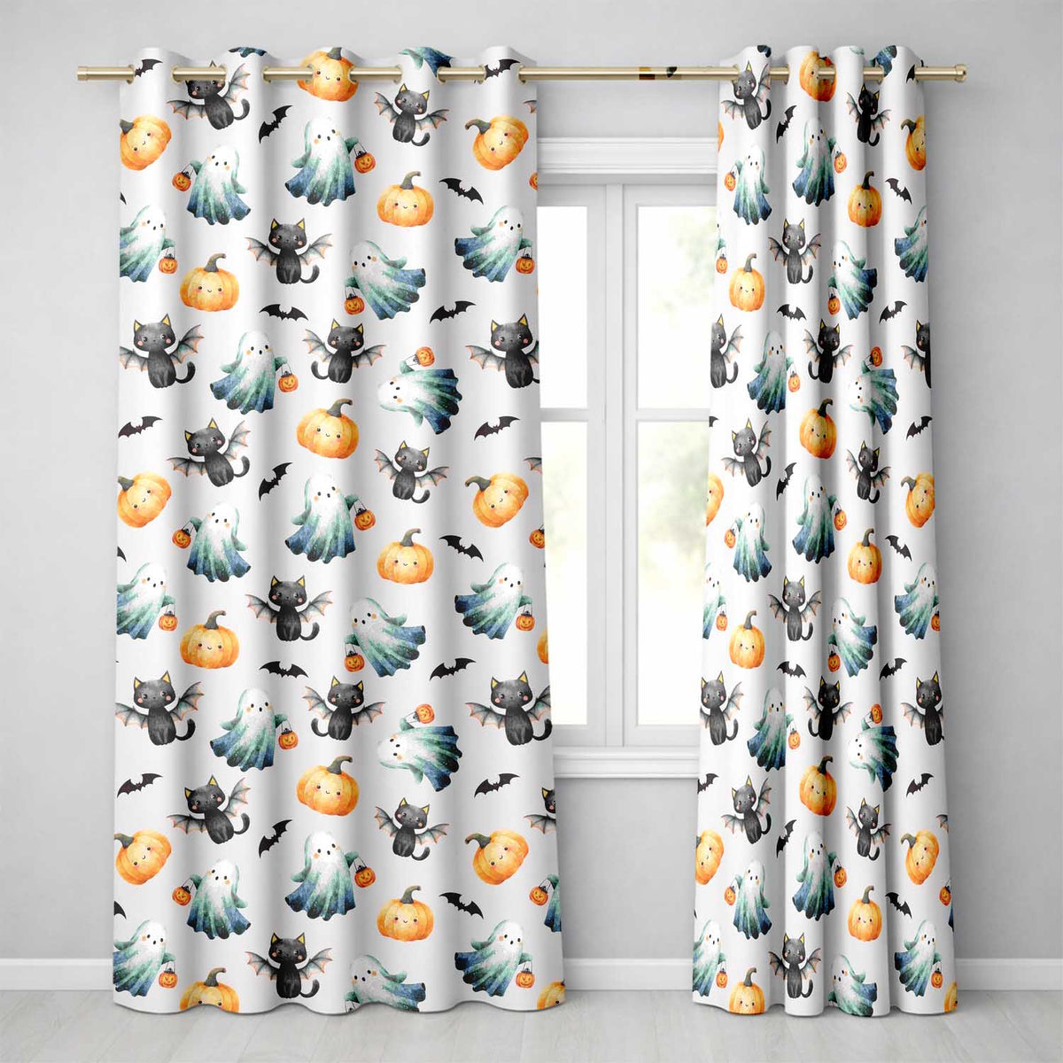 Cute Halloween Ghost Pumpkin Bat Cat Seamless Pattern Beige Background  Readymade Eyelet Ring Top Thermal 100% Blackout Curtains