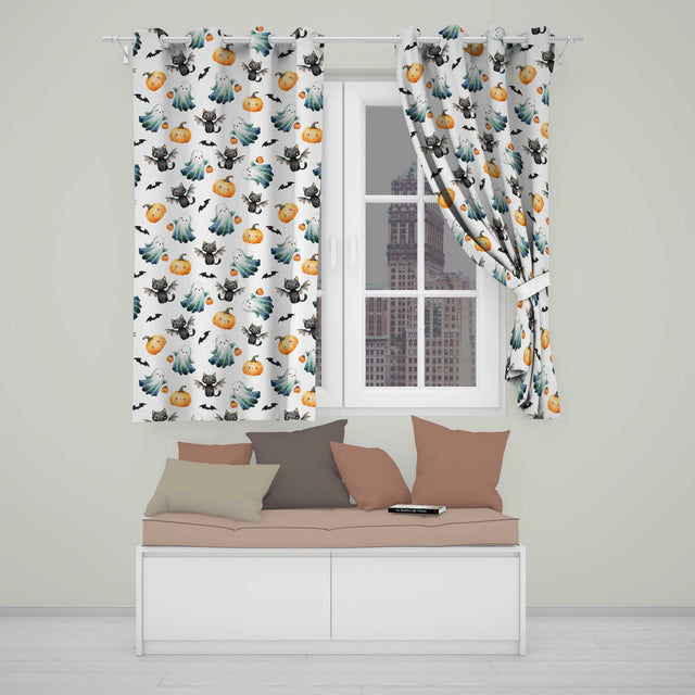Cute Halloween Ghost Pumpkin Bat Cat Seamless Pattern Soft Lilac Background  Readymade Eyelet Ring Top Thermal 100% Blackout Curtains