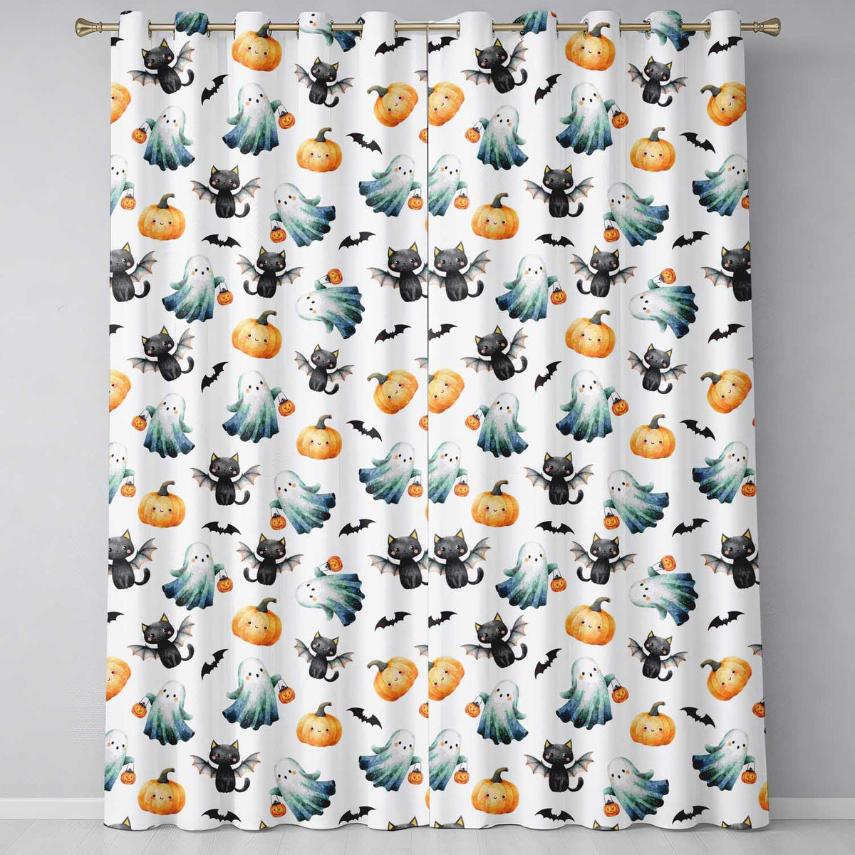 Cute Halloween Ghost Pumpkin Bat Cat Seamless Pattern Soft Lilac Background  Readymade Eyelet Ring Top Thermal 100% Blackout Curtains