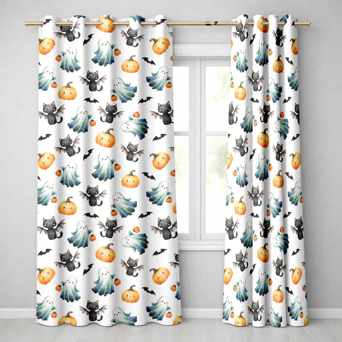 Cute Halloween Ghost Pumpkin Bat Cat Seamless Pattern Soft Lilac Background  Readymade Eyelet Ring Top Thermal 100% Blackout Curtains