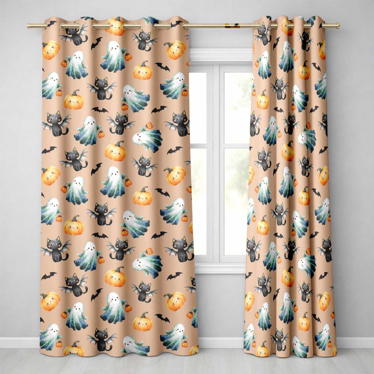 Cute Halloween Ghost Pumpkin Bat Cat Seamless Pattern Peach Background  Readymade Eyelet Ring Top Thermal 100% Blackout Curtains