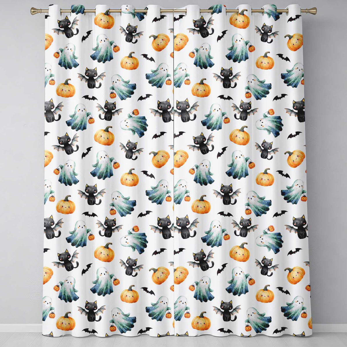 Cute Halloween Ghost Pumpkin Bat Cat Seamless Pattern Greish Background  Readymade Eyelet Ring Top Thermal 100% Blackout Curtains