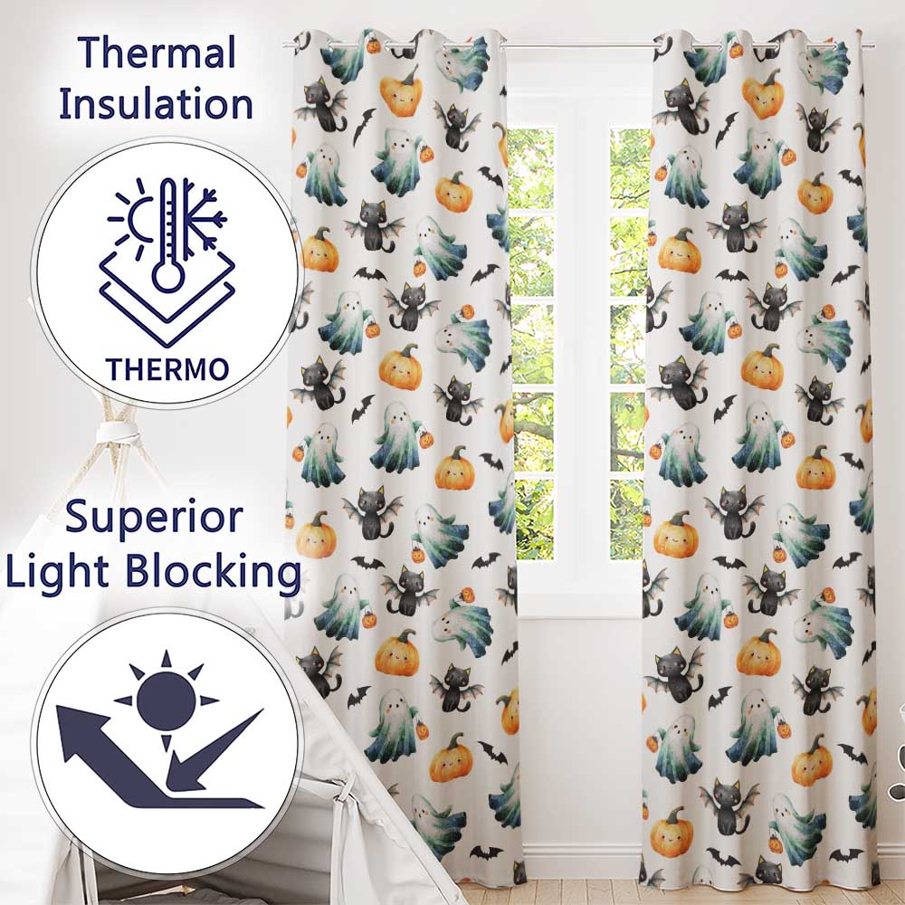 Cute Halloween Ghost Pumpkin Bat Cat Seamless Pattern Greish Background  Readymade Eyelet Ring Top Thermal 100% Blackout Curtains