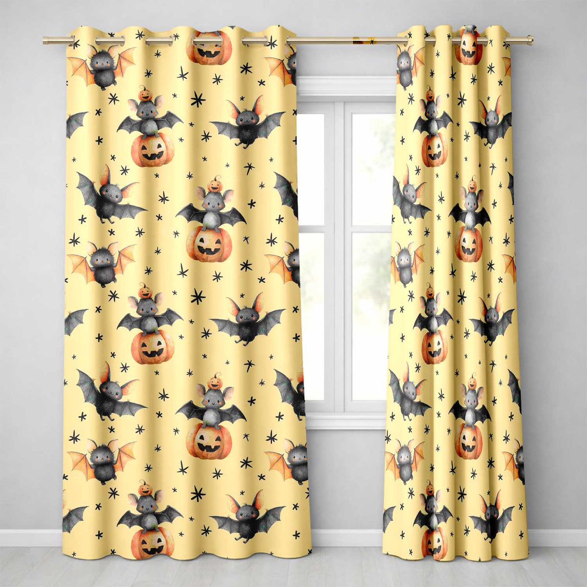 Cute Halloween Bat Pumpkin Star Night Seamless Pattern Pastel Yellow Background  Readymade Eyelet Ring Top Thermal 100% Blackout Curtains