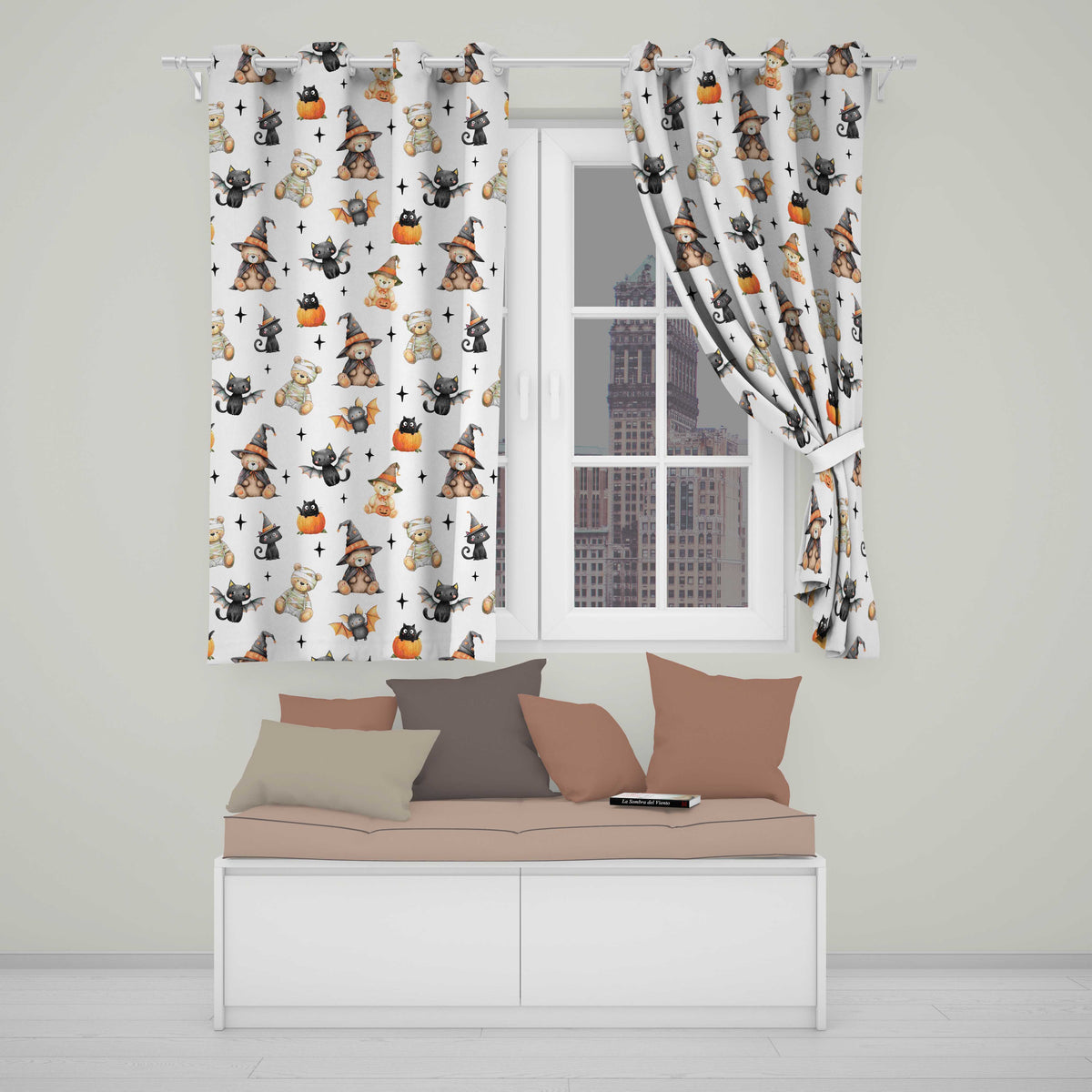 Halloween Teddy Bear Witch Cat Bat Pumpkin Seamless Pattern White  Readymade Eyelet Ring Top Thermal 100% Blackout Curtains