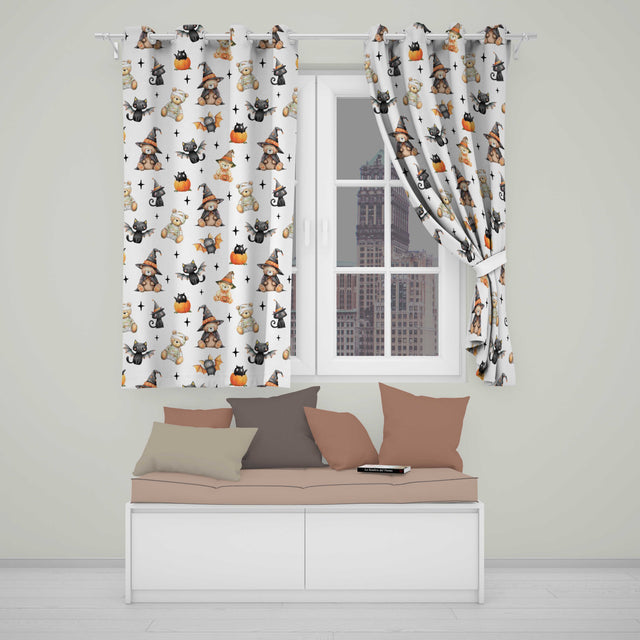 Halloween Teddy Bear Witch Cat Bat Pumpkin Seamless Pattern White  Readymade Eyelet Ring Top Thermal 100% Blackout Curtains